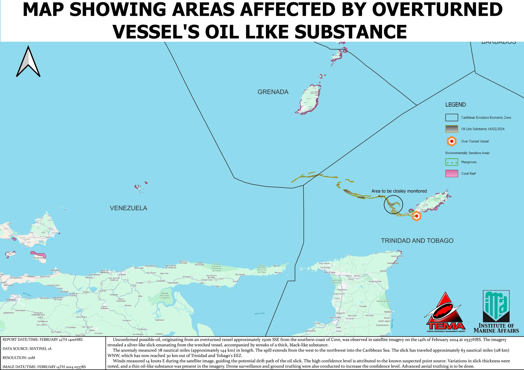 Map from the Tobago Emergency Management Agency (TEMA) showing the extent of oil-slick extending from the overturned vessel near Cove, Tobago.