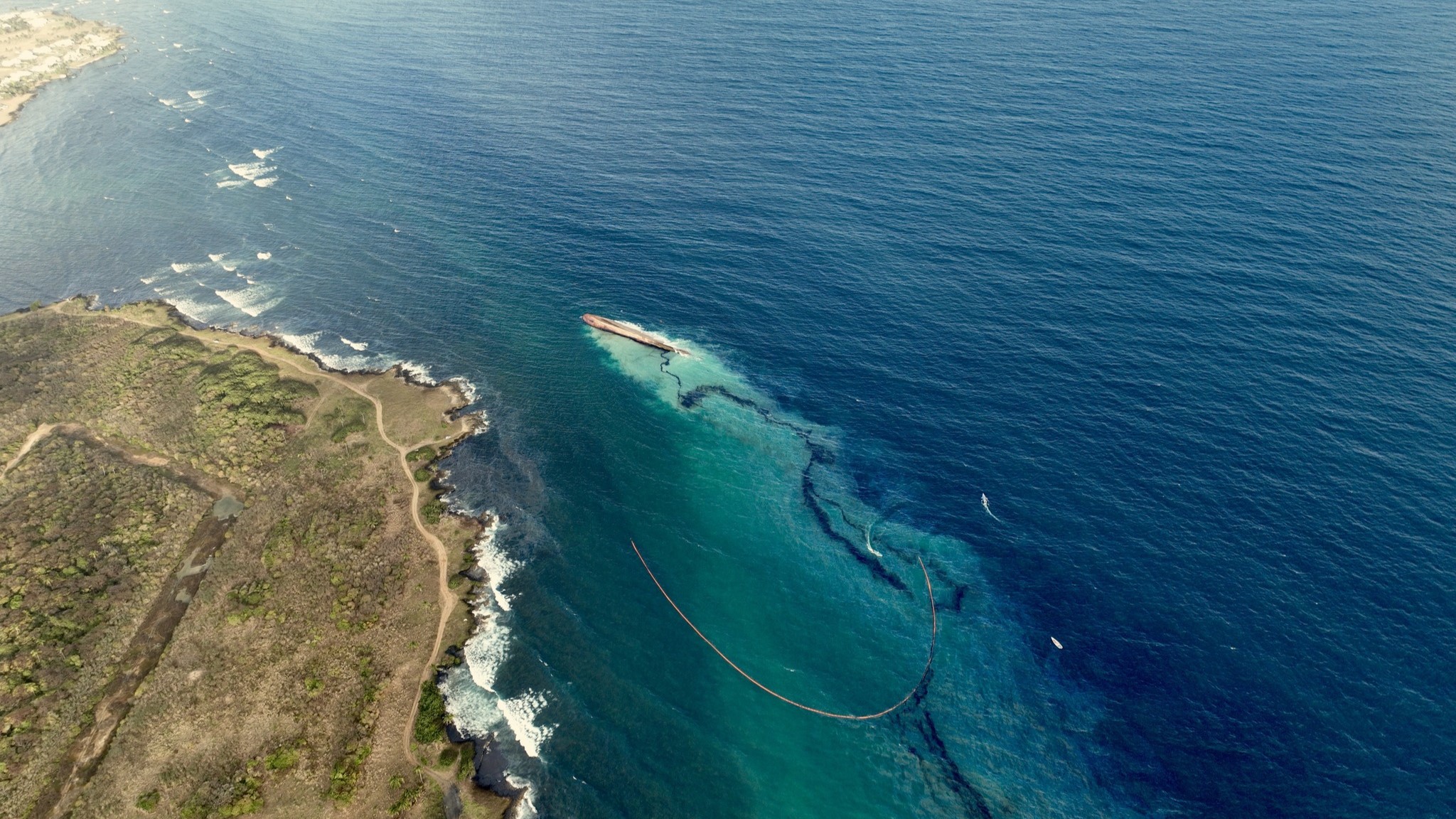 Gulfstream, the capsized vessel, leaked an oil-like substance into the coastal waters of Tobago, 150 meters south of Cove, on February 10th, 2024.