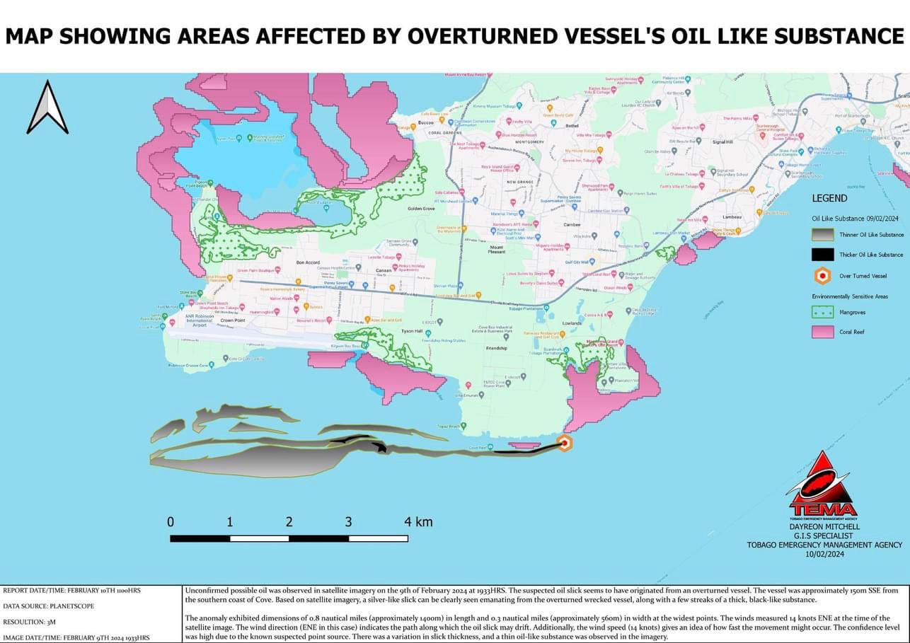 Map from TEMA/Dayreon Mitchell showing the extent of the new movement of oil-like substance moving south of Tobago.