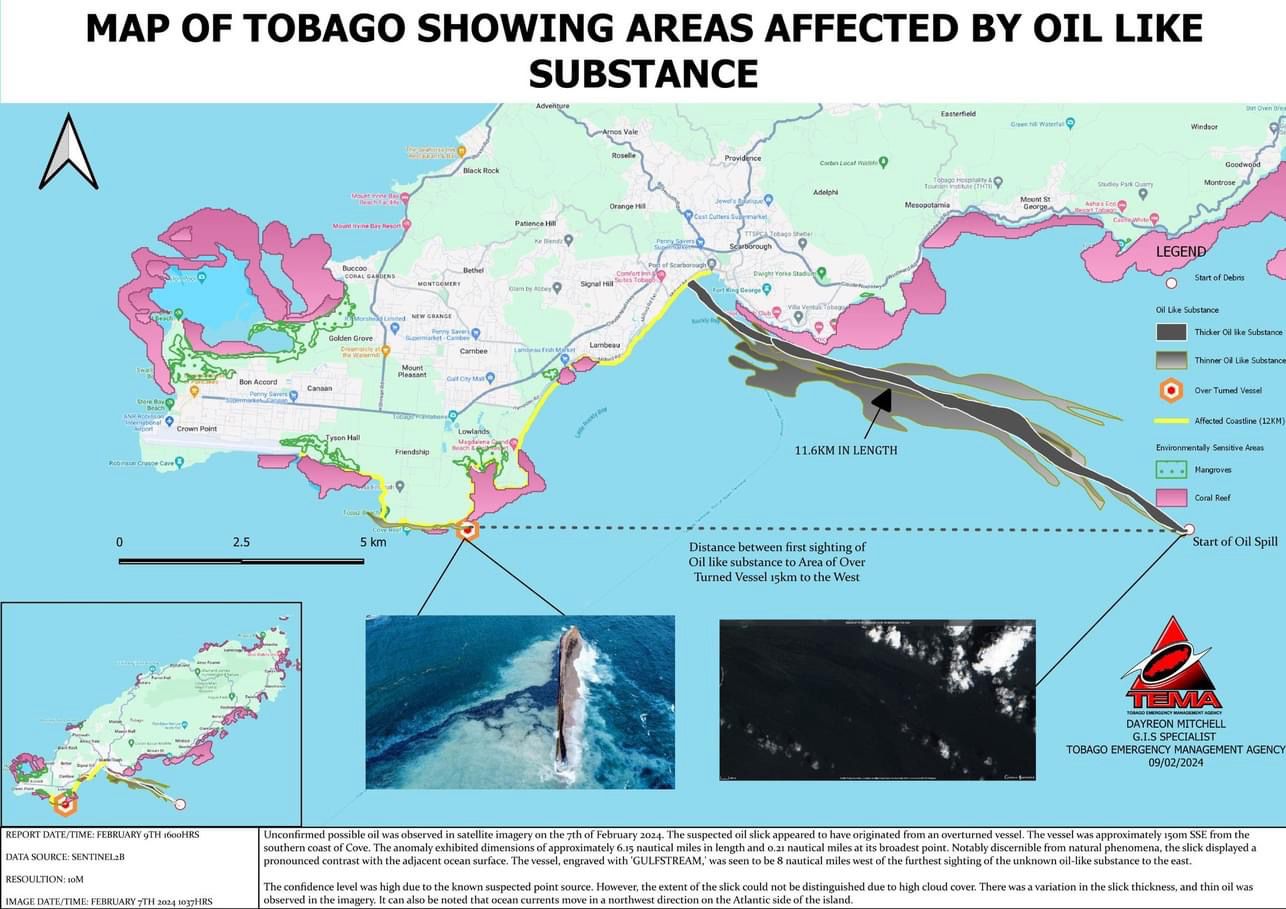 Map from TEMA/Dayreon Mitchell showing the extent of the first surge of oil-like substance moving south of Tobago.