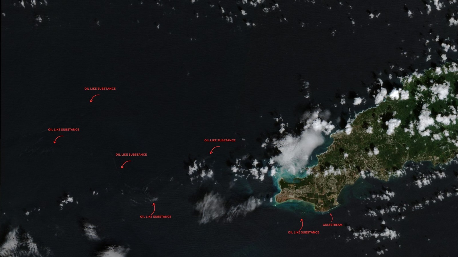 Sentinel-2 Imagery showing the oil-like substance across Tobago's coastal waters, extending into the Caribbean Sea on Sunday, February 11th, 2024.