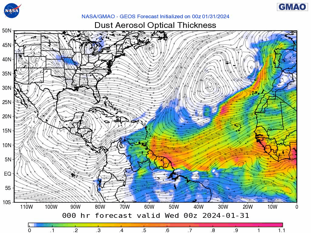 00Z Wednesday, January 31st 2024, NASA GEOS-5 Dust Extinction Monitoring Tropical Atlantic Dust Aerosol Optical Depth showing Saharan Dust.