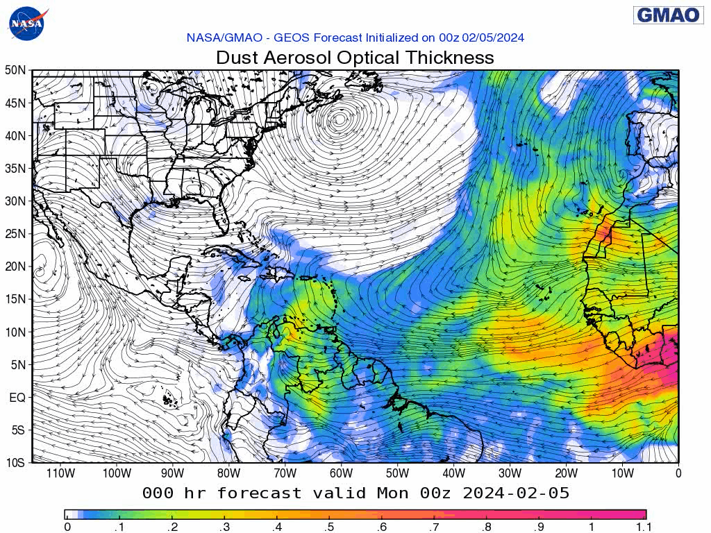 00Z Monday, February 5th, 2024, NASA GEOS-5 Dust Extinction Monitoring Tropical Atlantic Dust Aerosol Optical Depth showing Saharan Dust.