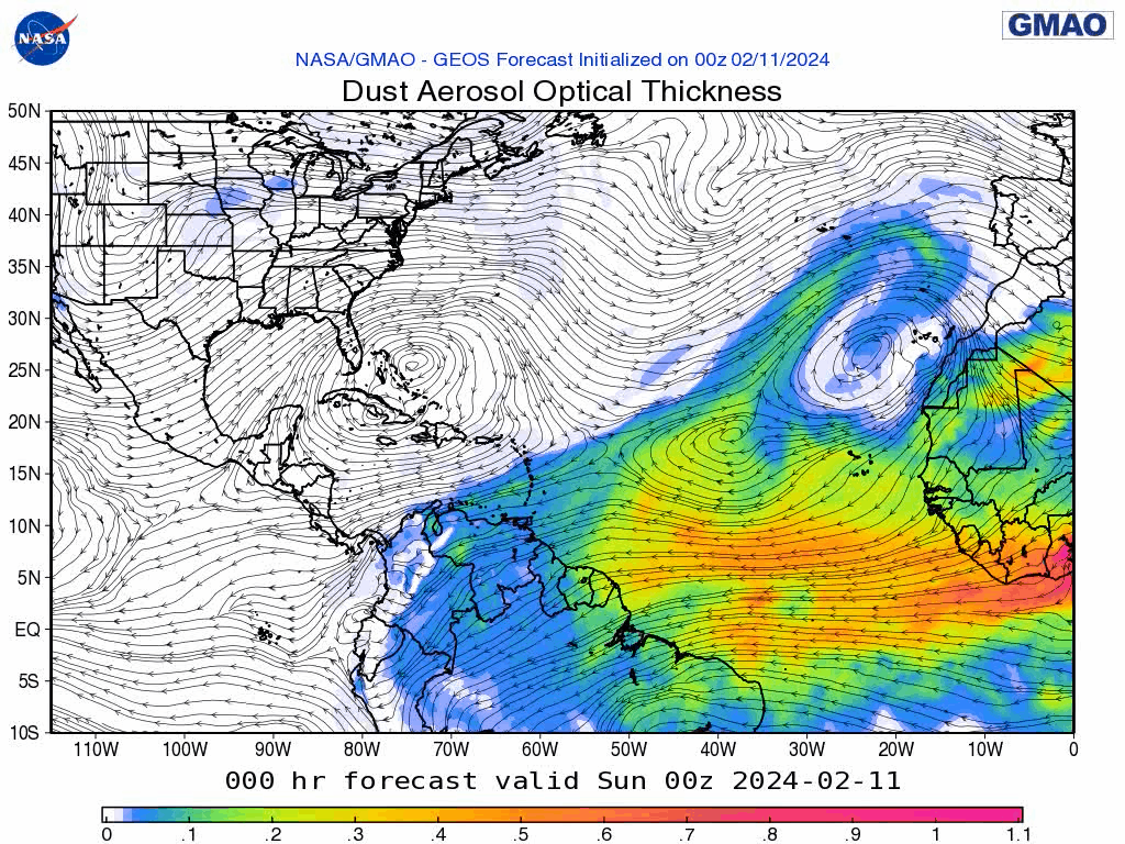 00Z Sunday, February 11th, 2024, NASA GEOS-5 Dust Extinction Monitoring Tropical Atlantic Dust Aerosol Optical Depth showing Saharan Dust.