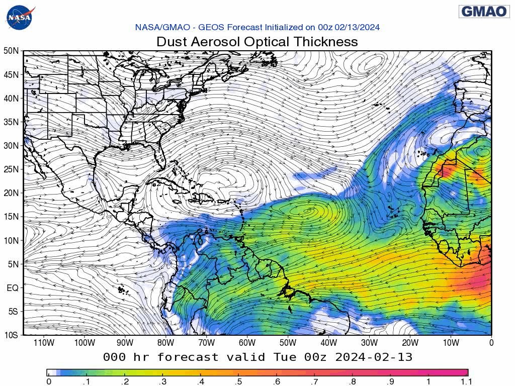 00Z Tuesday, February 13th 2024, NASA GEOS-5 Dust Extinction Monitoring Tropical Atlantic Dust Aerosol Optical Depth showing Saharan Dust.