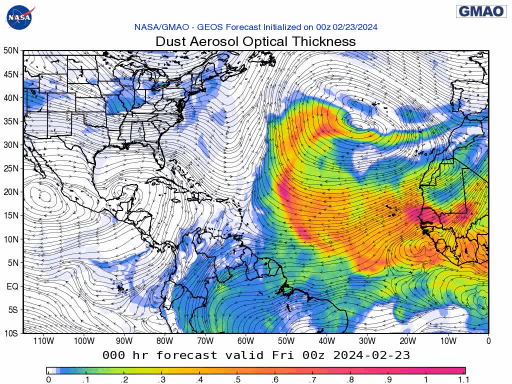 00Z Friday, February 23rd, 2024, NASA GEOS-5 Dust Extinction Monitoring Tropical Atlantic Dust Aerosol Optical Depth showing Saharan Dust.