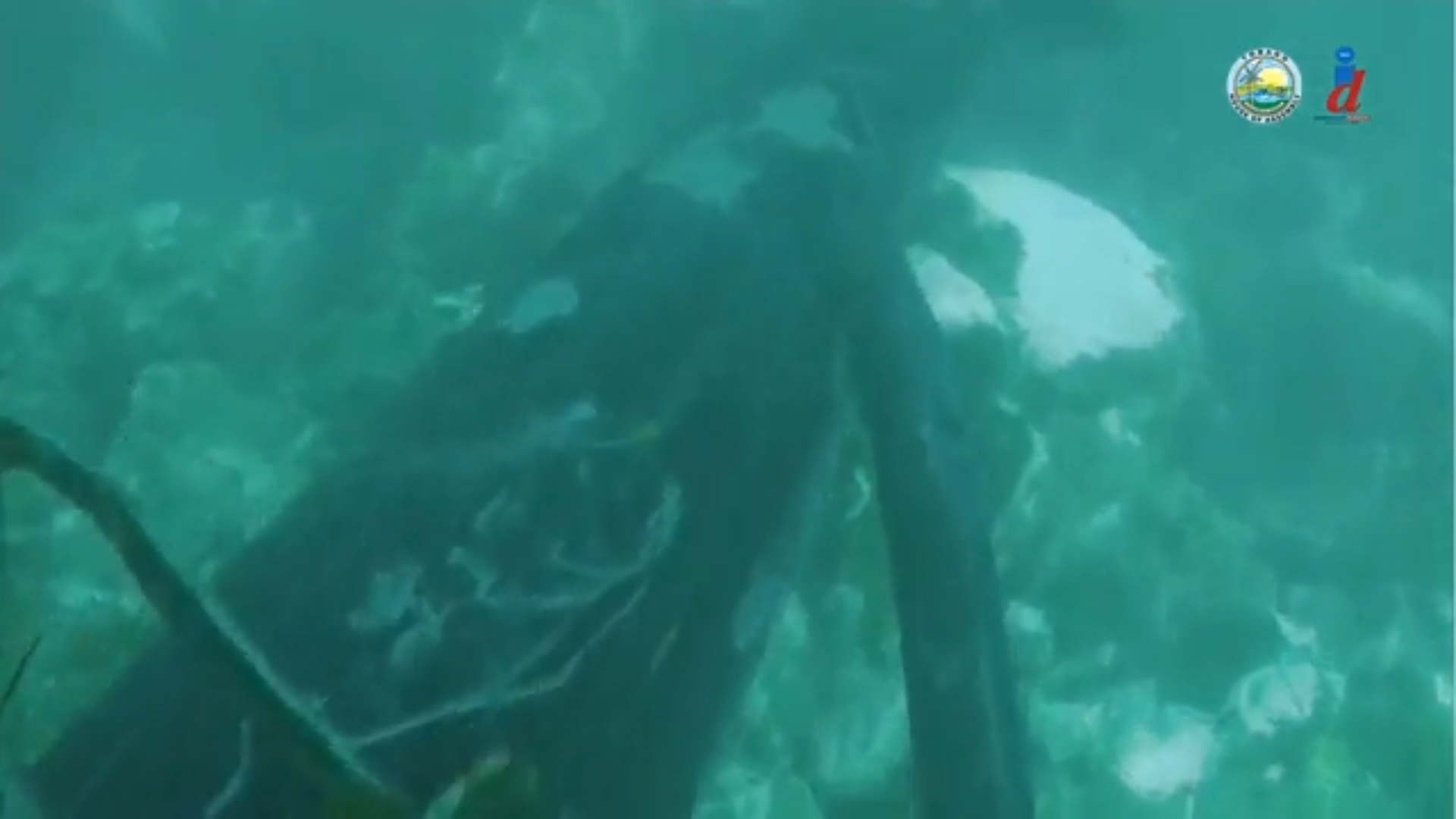 The mast of Gulfstream is embedded into Cove Reef, captured by divers on their initial assessment of the capsized vessel, which continues to leak oil-like fluids into the ocean. (THA)