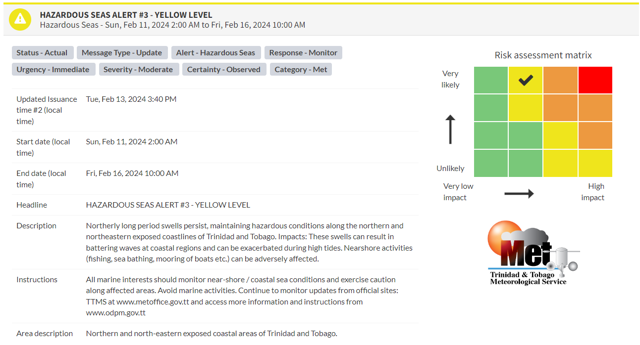 Hazardous Seas Alert information from the Trinidad and Tobago Meteorological Service