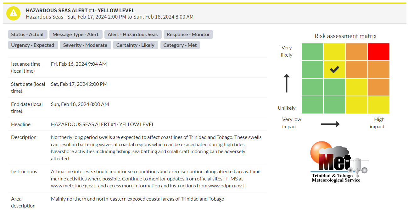 Hazardous Seas Alert information from the Trinidad and Tobago Meteorological Service