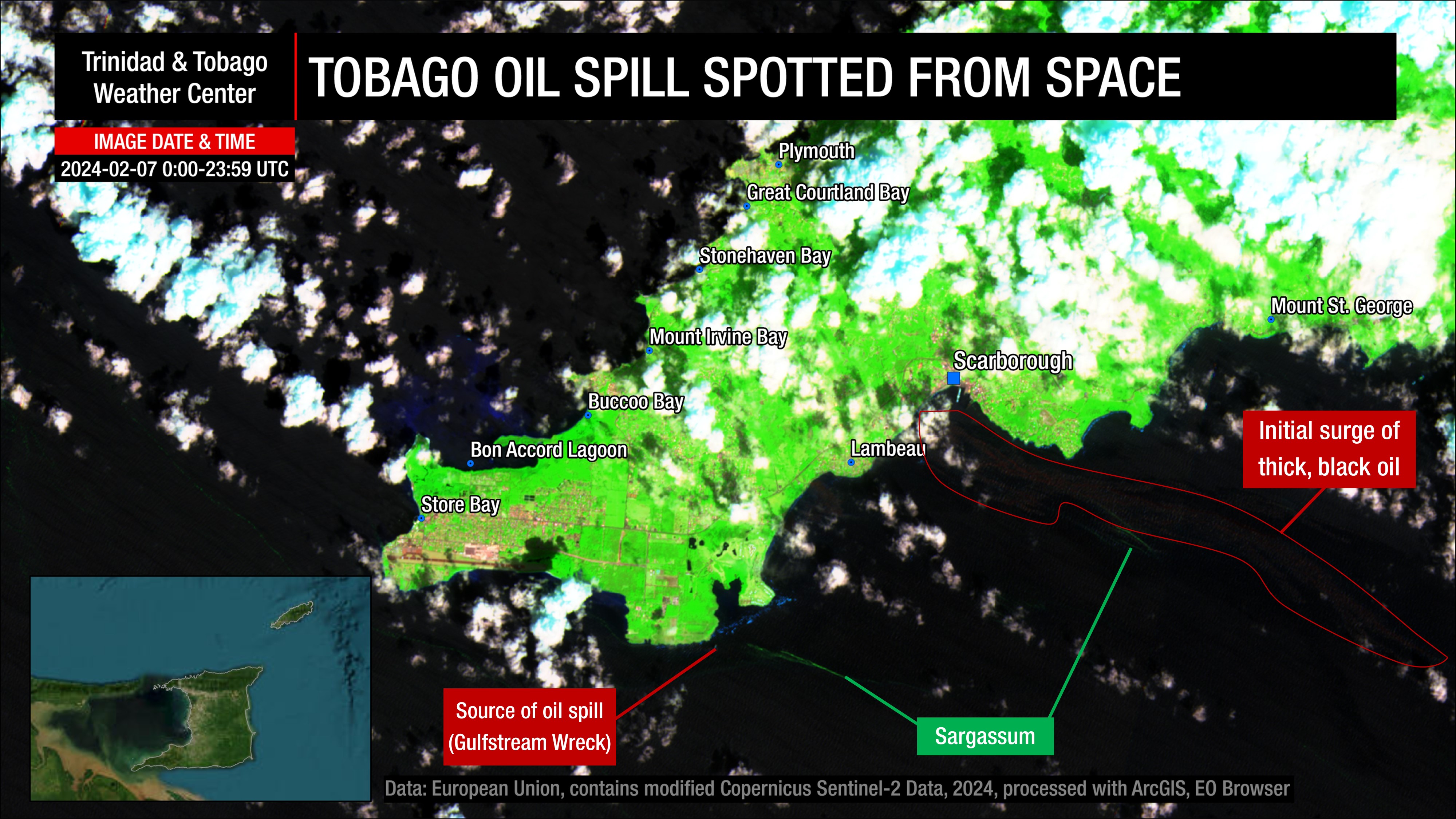 Sentinel-2 data, processed to show the oil sheen from the Gulfstream wreck moving northeastward on February 7th, 2024