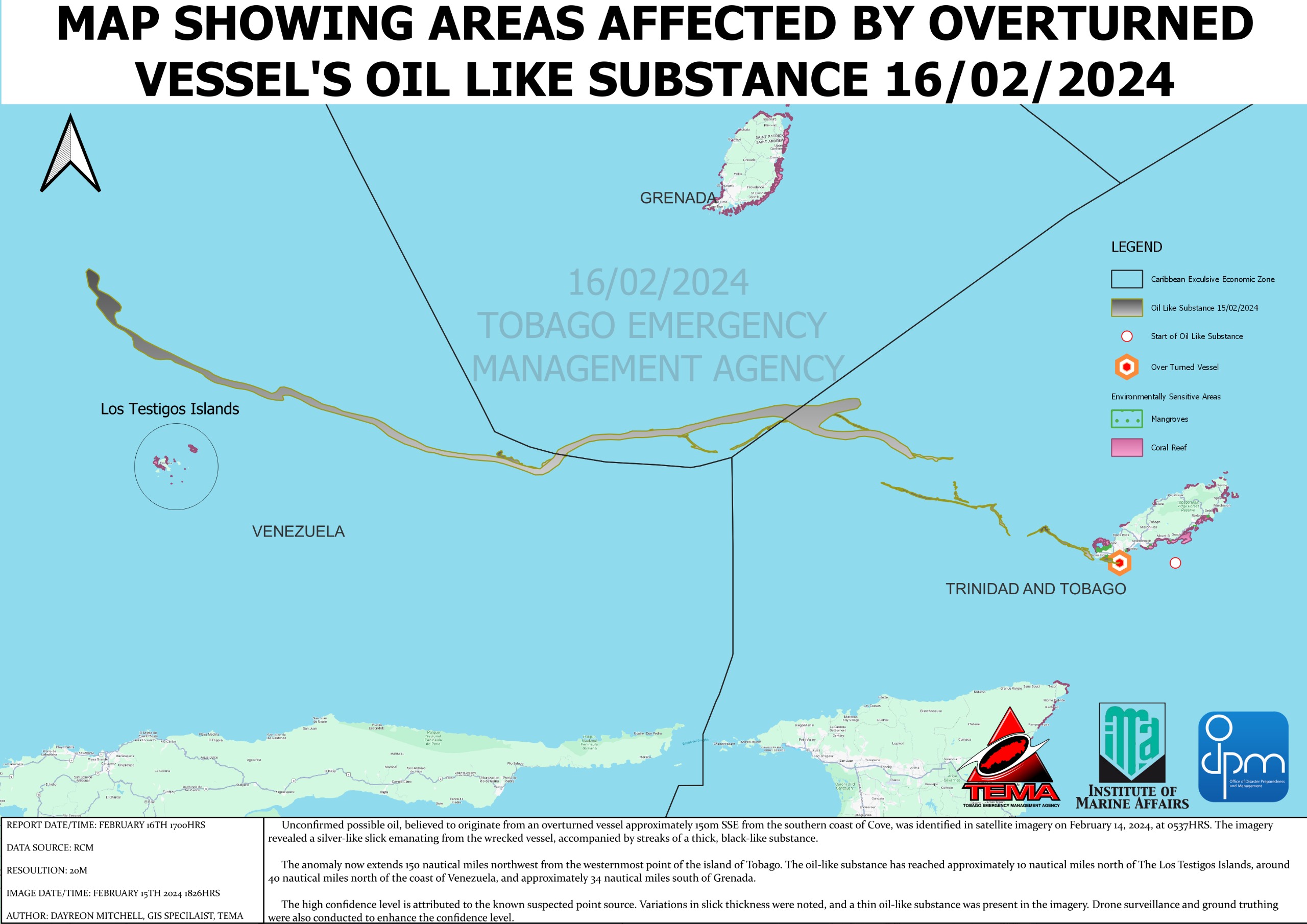 Map from the Tobago Emergency Management Agency (TEMA) showing the extent of oil-slick extending from the overturned vessel near Cove, Tobago.