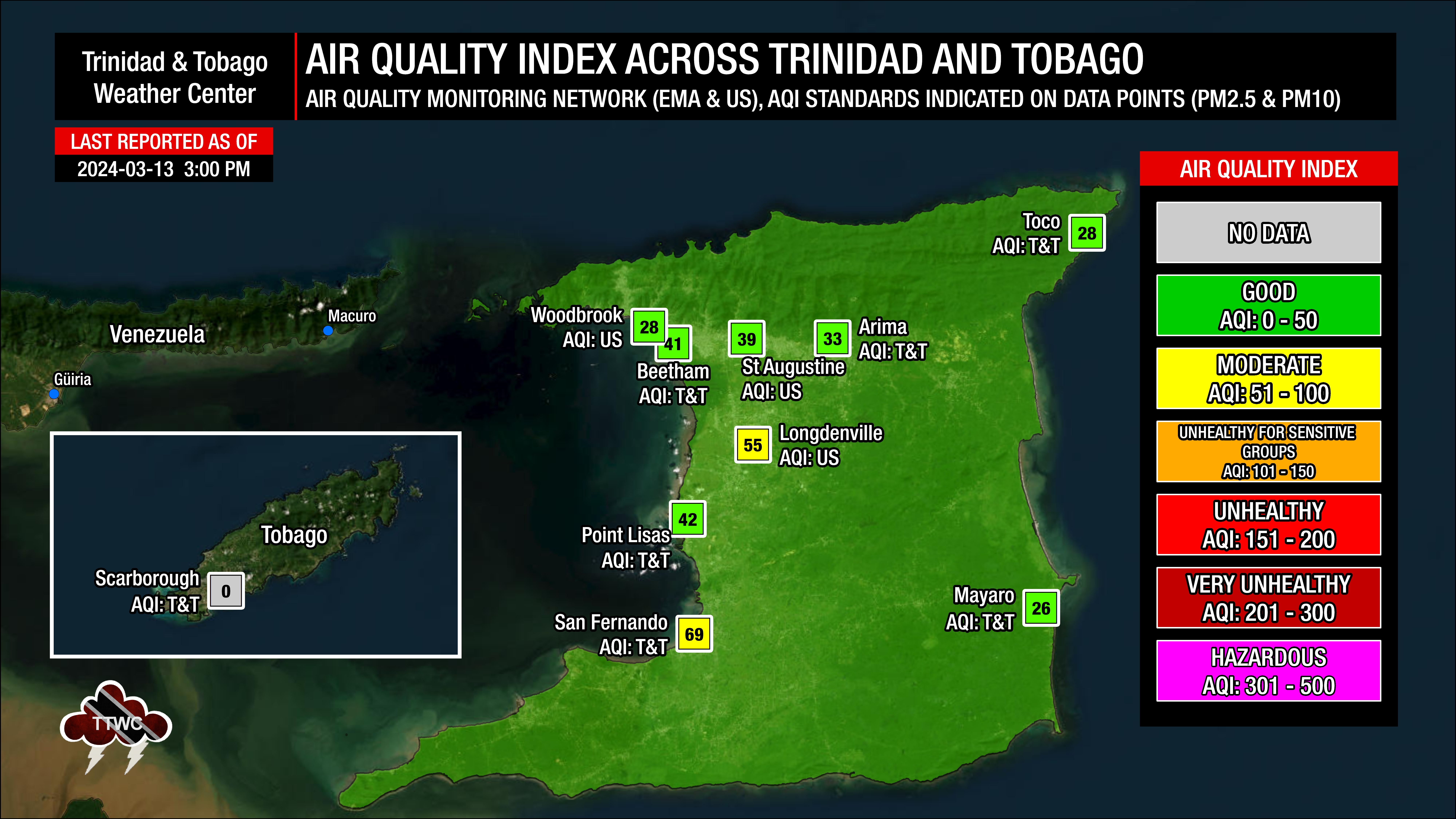Air quality levels across Trinidad and Tobago as of 3:00 PM Wednesday, March 13th, 2024.