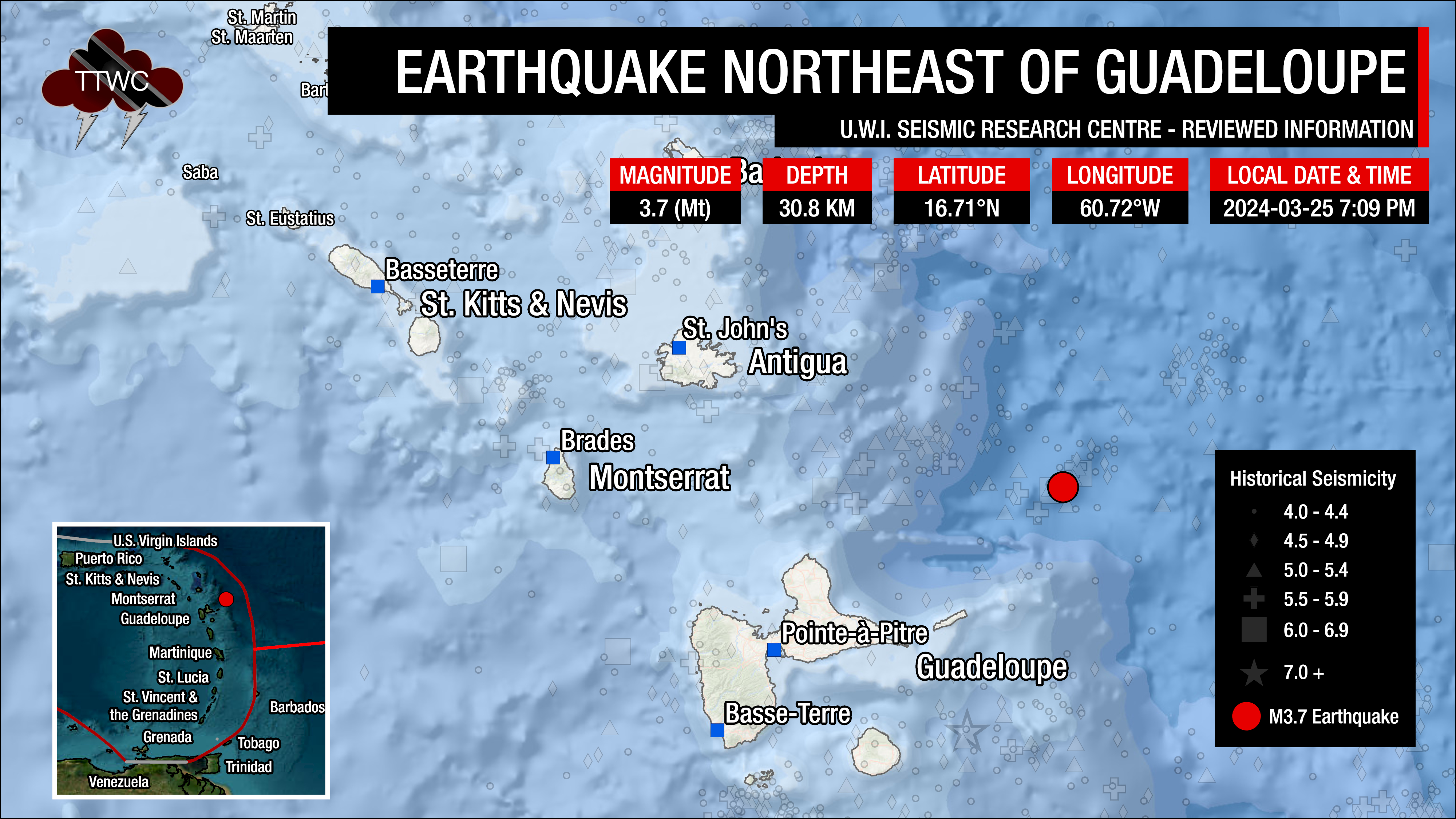 Information from the UWI SRC concerning the earthquake northeast of Guadeloupe