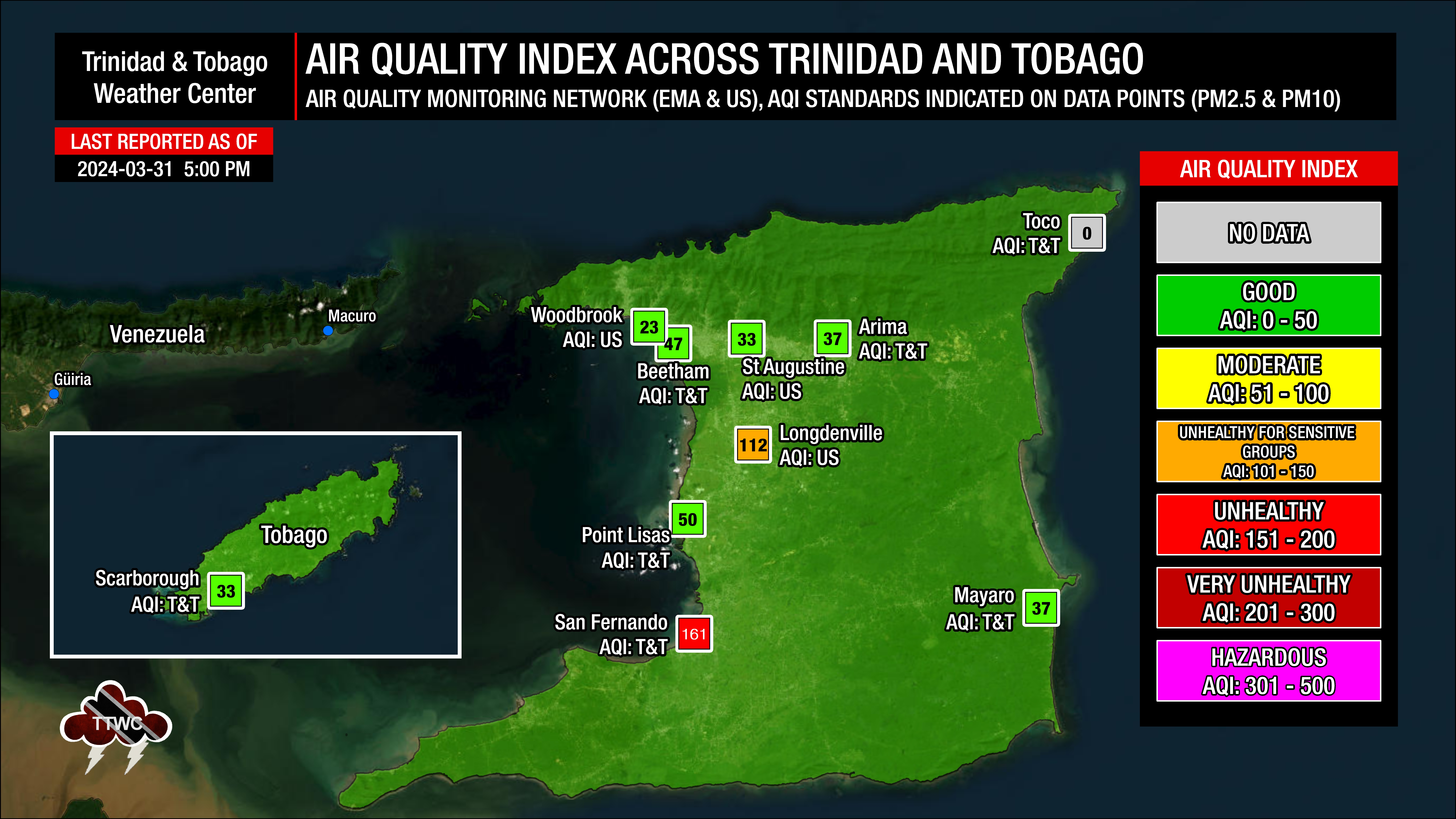 Air quality levels across Trinidad and Tobago as of 5:00 PM Sunday, March 31st, 2024.