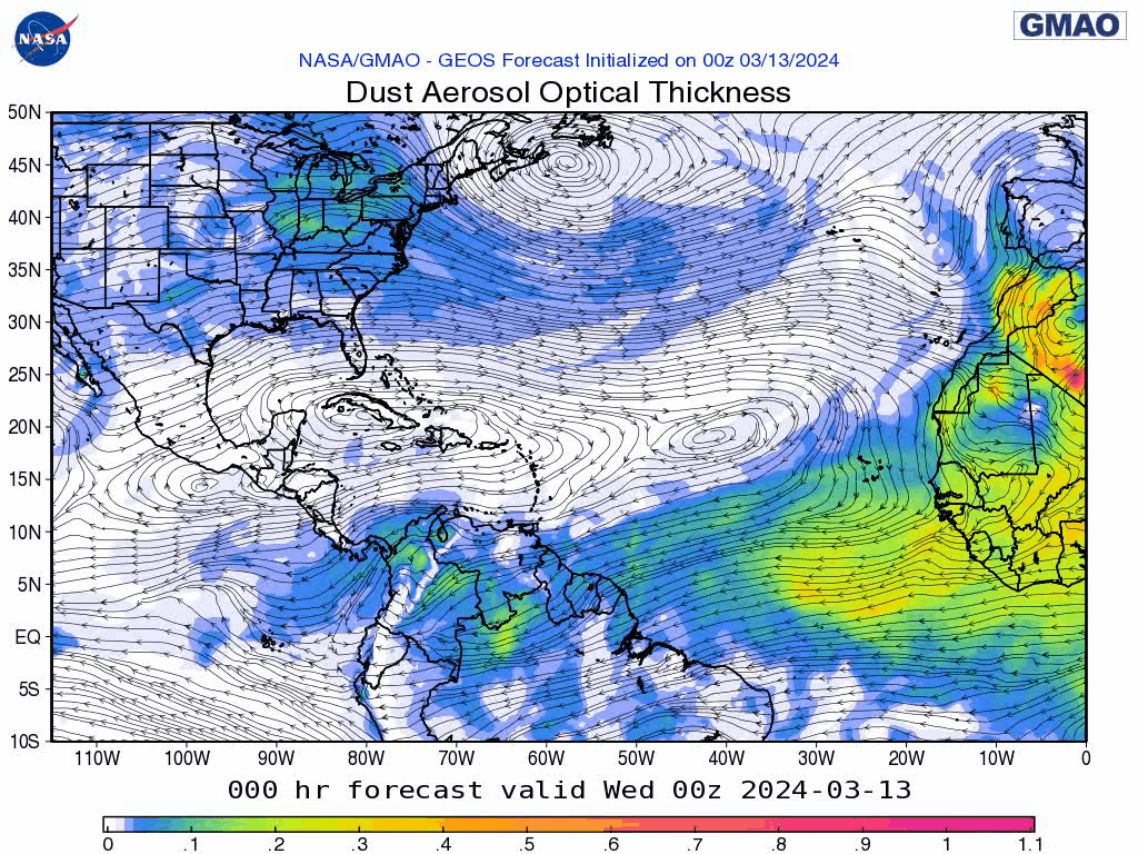 00Z Wednesday, March 13th, 2024, NASA GEOS-5 Dust Extinction Monitoring Tropical Atlantic Dust Aerosol Optical Depth showing Saharan Dust.