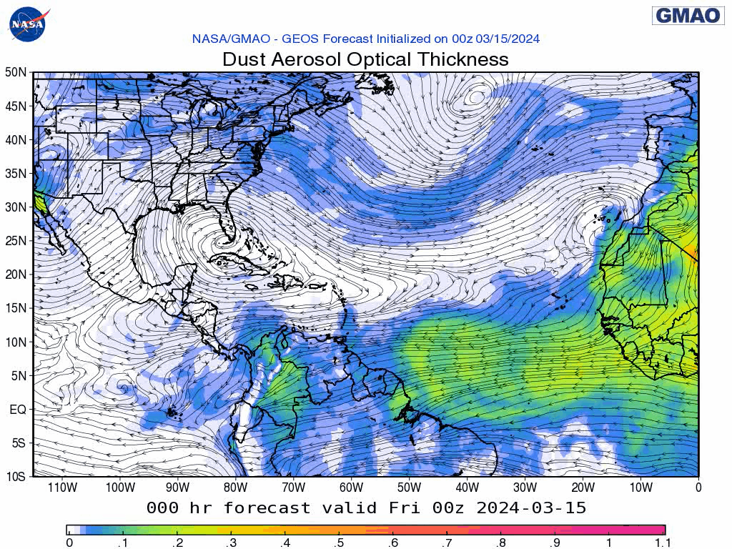 00Z Friday, March 15th, 2024, NASA GEOS-5 Dust Extinction Monitoring Tropical Atlantic Dust Aerosol Optical Depth showing Saharan Dust.