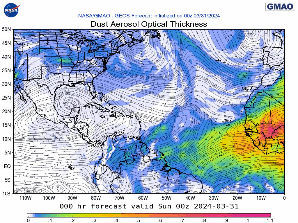 00Z Sunday, March 31st, 2024, NASA GEOS-5 Dust Extinction Monitoring Tropical Atlantic Dust Aerosol Optical Depth showing Saharan Dust.