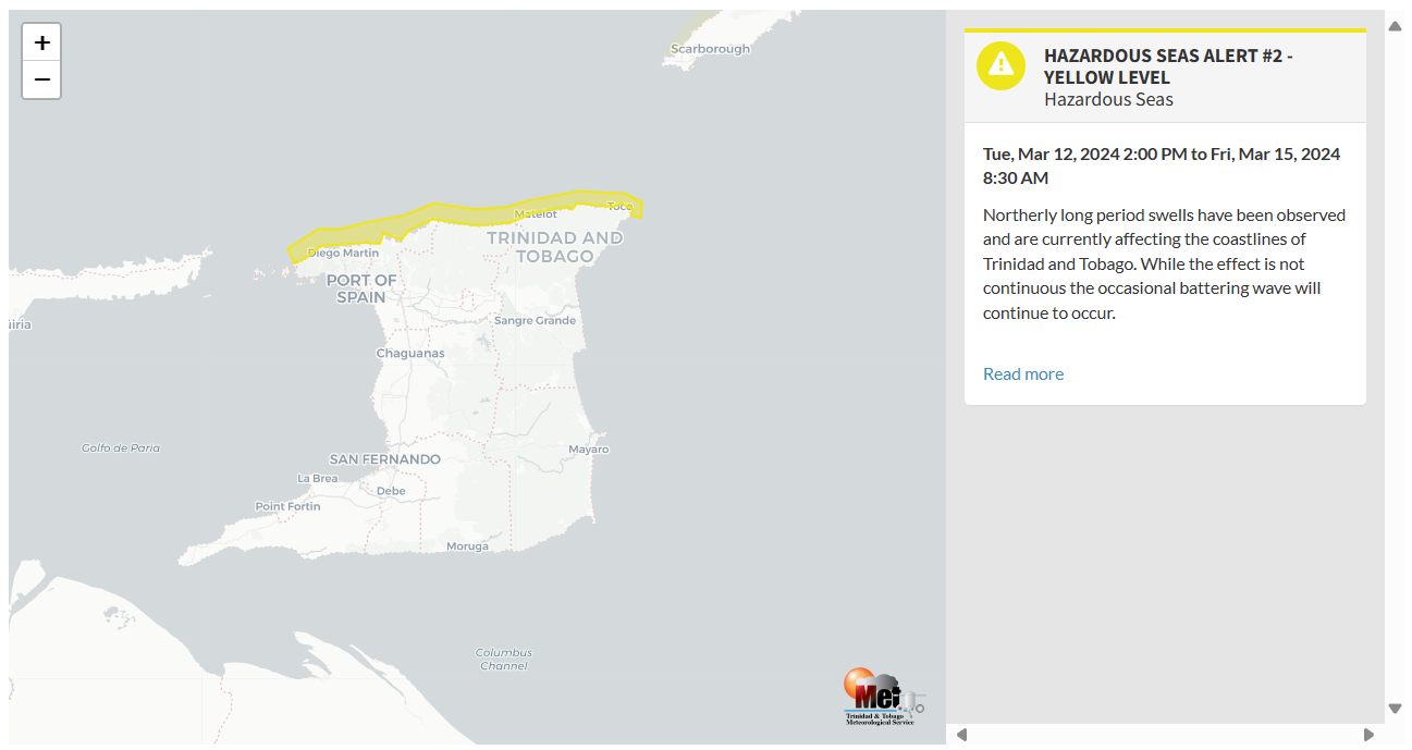 Hazardous Seas Alert information from the Trinidad and Tobago Meteorological Service