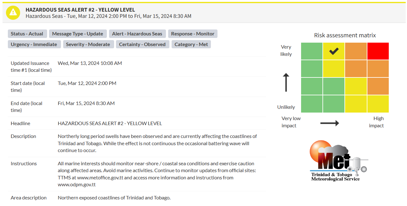 Hazardous Seas Alert information from the Trinidad and Tobago Meteorological Service