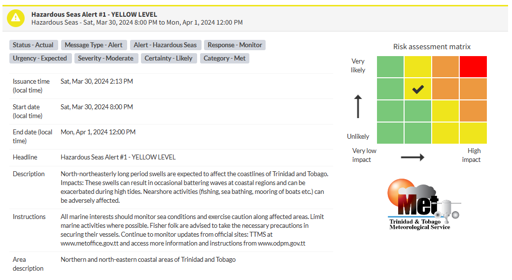 Hazardous Seas Alert information from the Trinidad and Tobago Meteorological Service