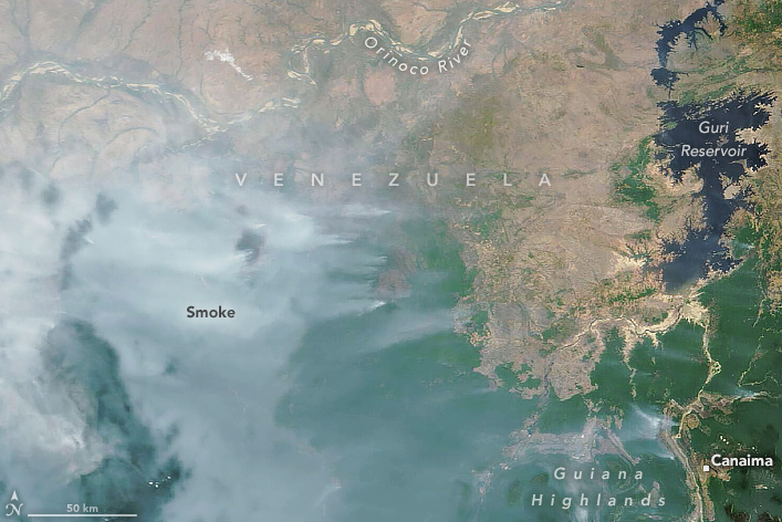 This image, acquired by MODIS on NASA’s Terra satellite, shows several large, smoky fires burning south of the Orinoco River on March 26, 2024.