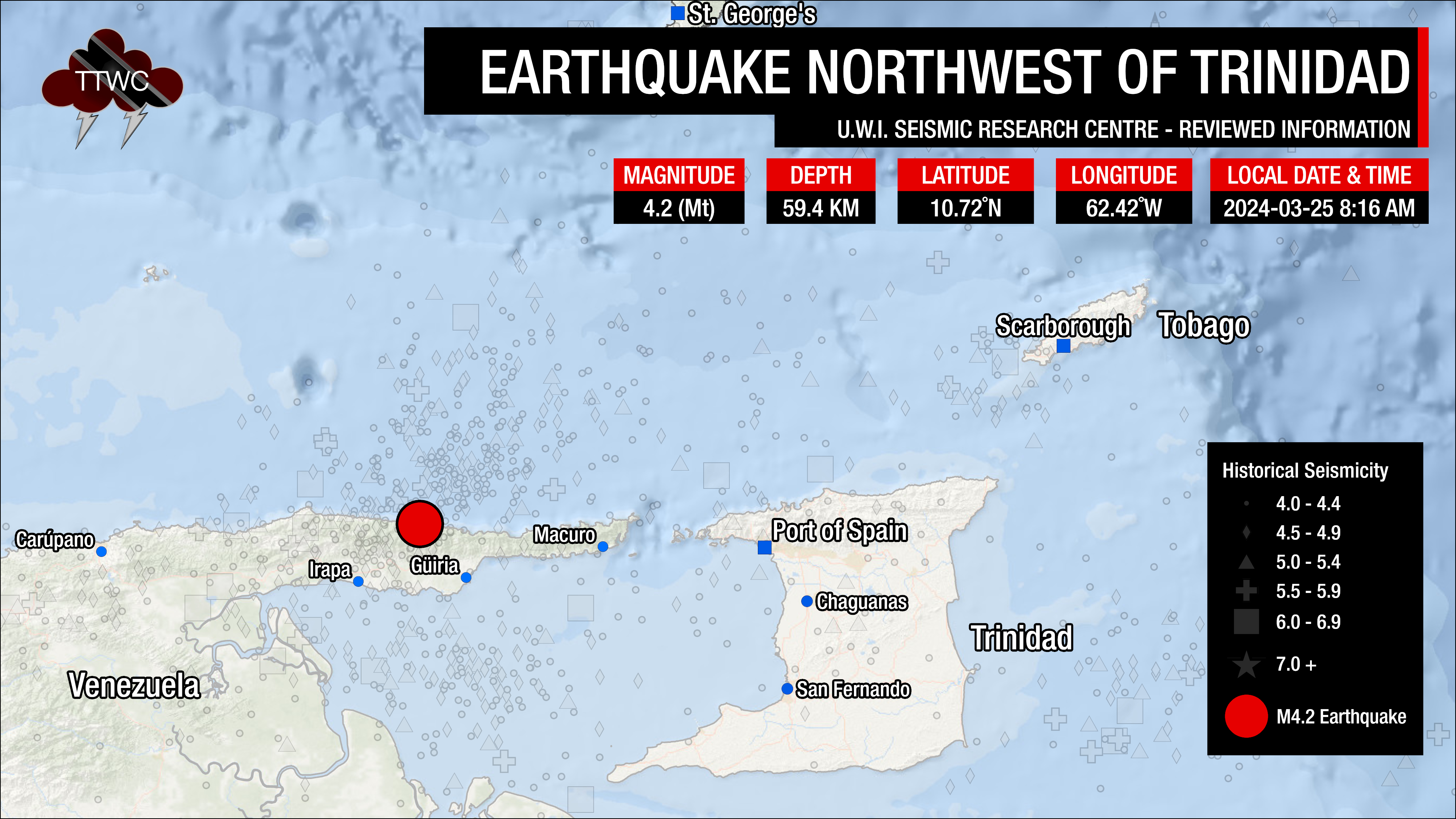 Information from the UWI SRC concerning the mid-morning earthquake northwest of Trinidad.