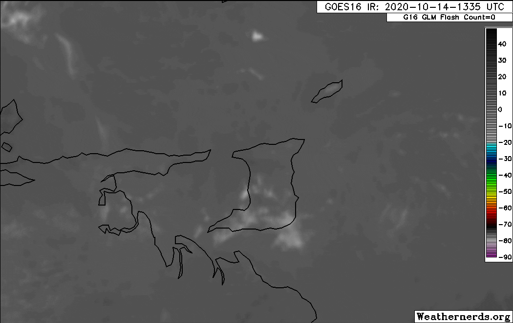 The rapid development and dissipation of thunderstorms on the afternoon of Wednesday, October 14th, 2020. White dots indicate lightning strikes, which lined up in areas that had the strongest updraft, as seen across West-Central Trinidad, where the 2020 Chase Village Tornado occurred. (Weathernerds.org)