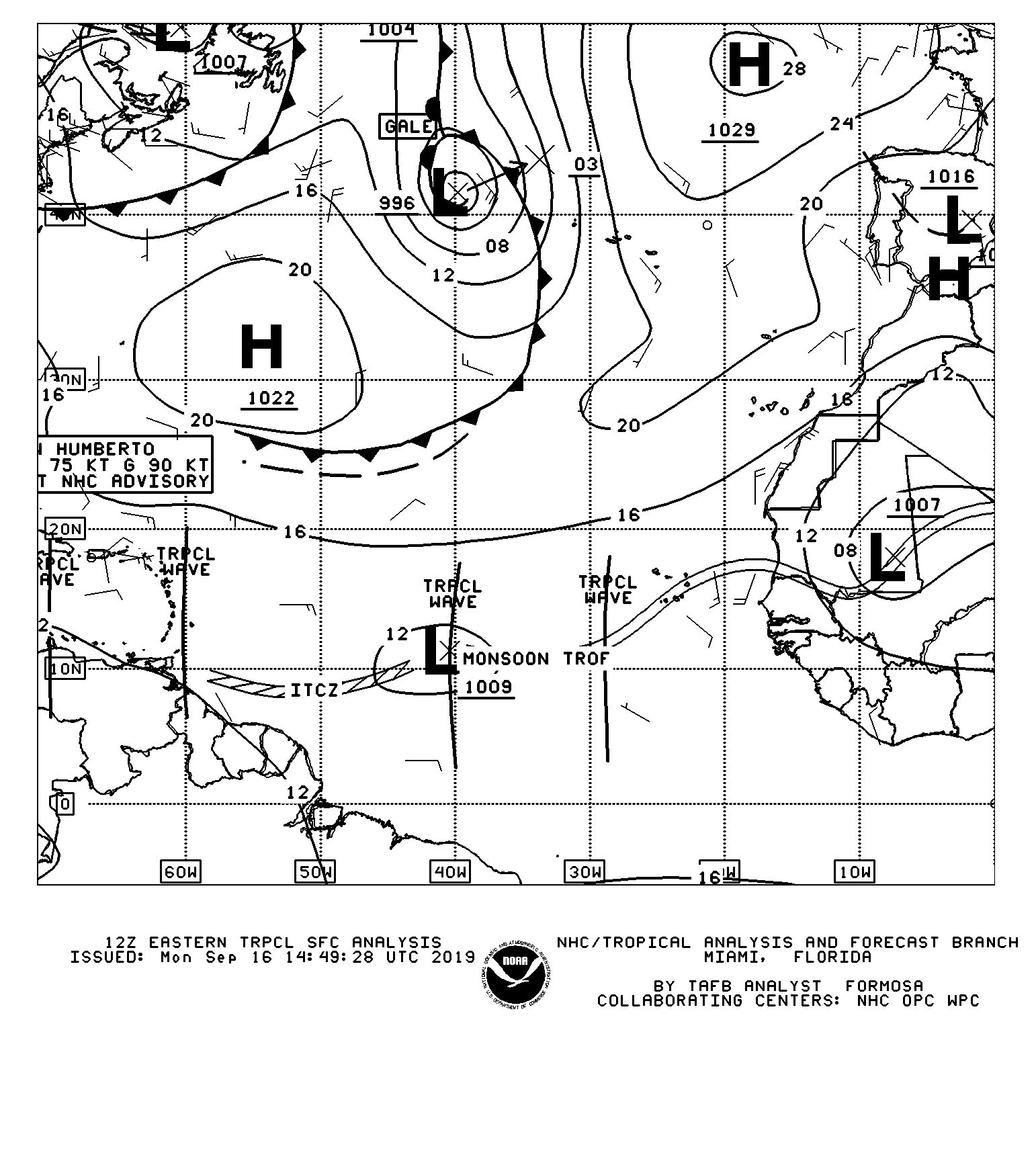 8:00 AM Monday, September 16th, 2019 Surface Analysis from the Tropical Prediction Center.