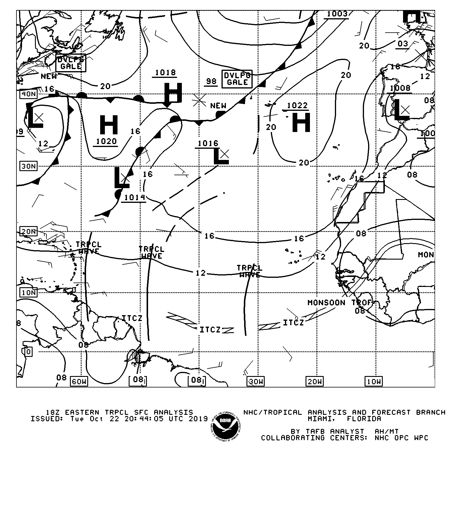 2:00 PM Tuesday, October 22nd, 2019 Surface Analysis from the Tropical Prediction Center.