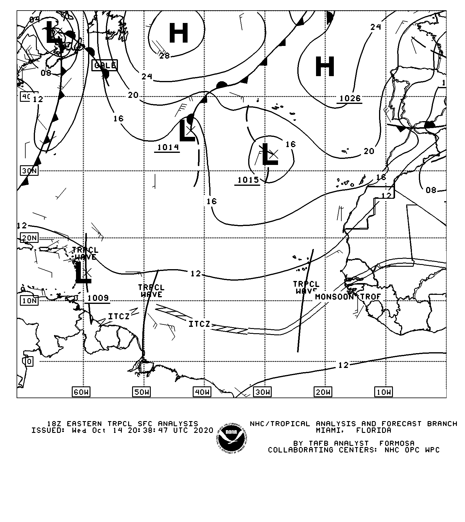 2:00 PM Wednesday, October 14th, 2020, Surface Analysis from the Tropical Prediction Center.