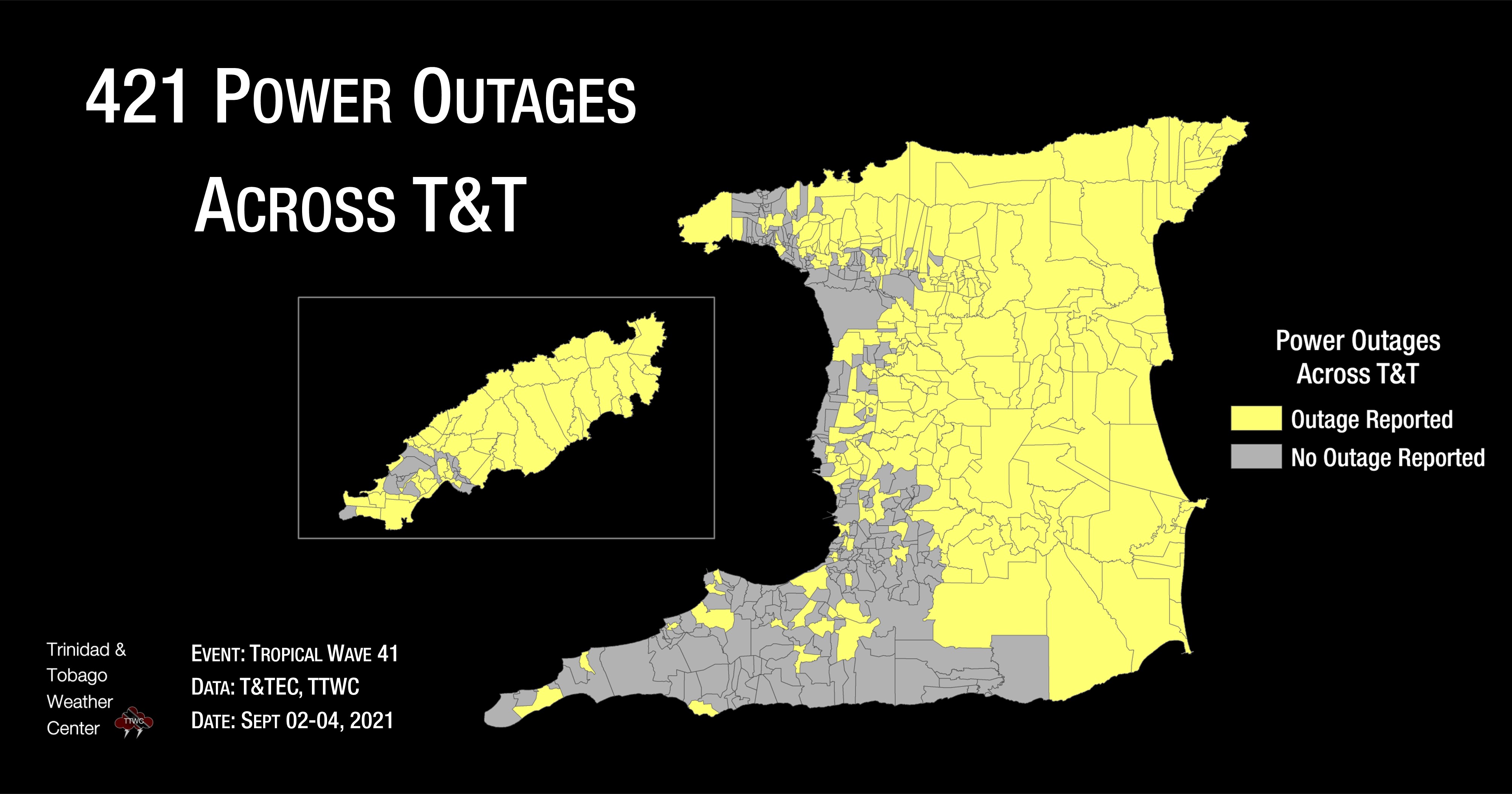 Power outage reports across the country associated with Tropical Wave 41