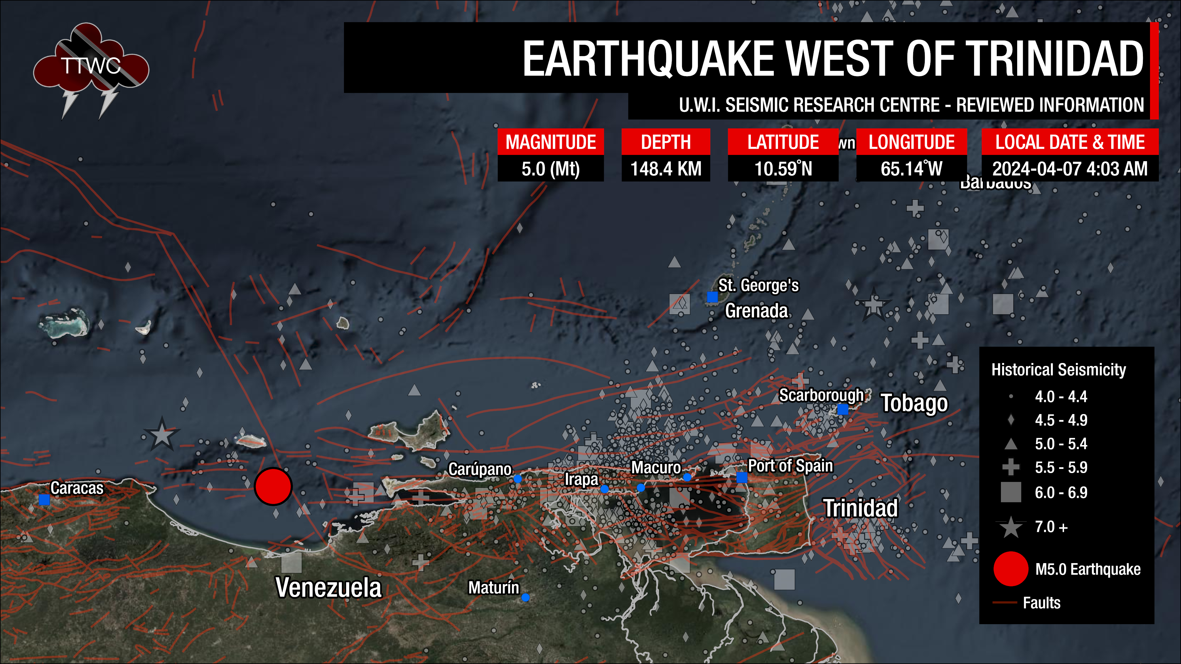 Information from the UWI SRC concerning the earthquake north of Venezuela and well west of Trinidad.