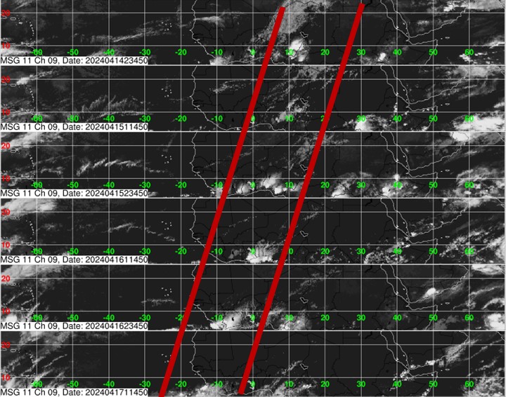 Hovmöller Diagram tracking the possible tropical wave emerging off the African Coast as of April 17th, 2024.