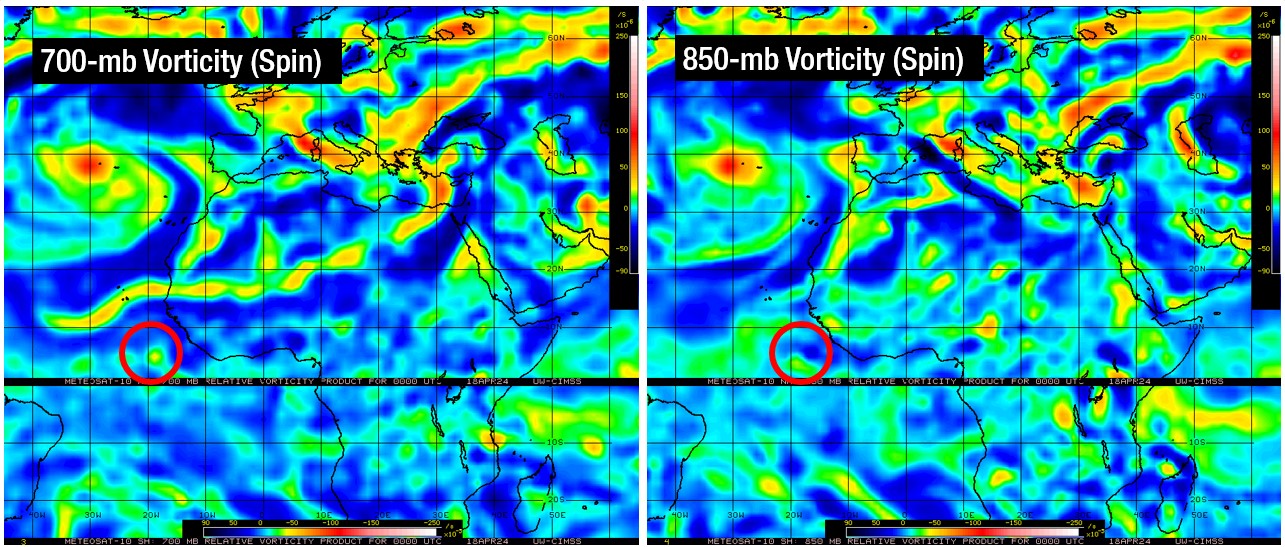 700-mb (left) and 850-mb (right) vorticity as of 300 UTC on April 18th, 2024. (CIMSS)