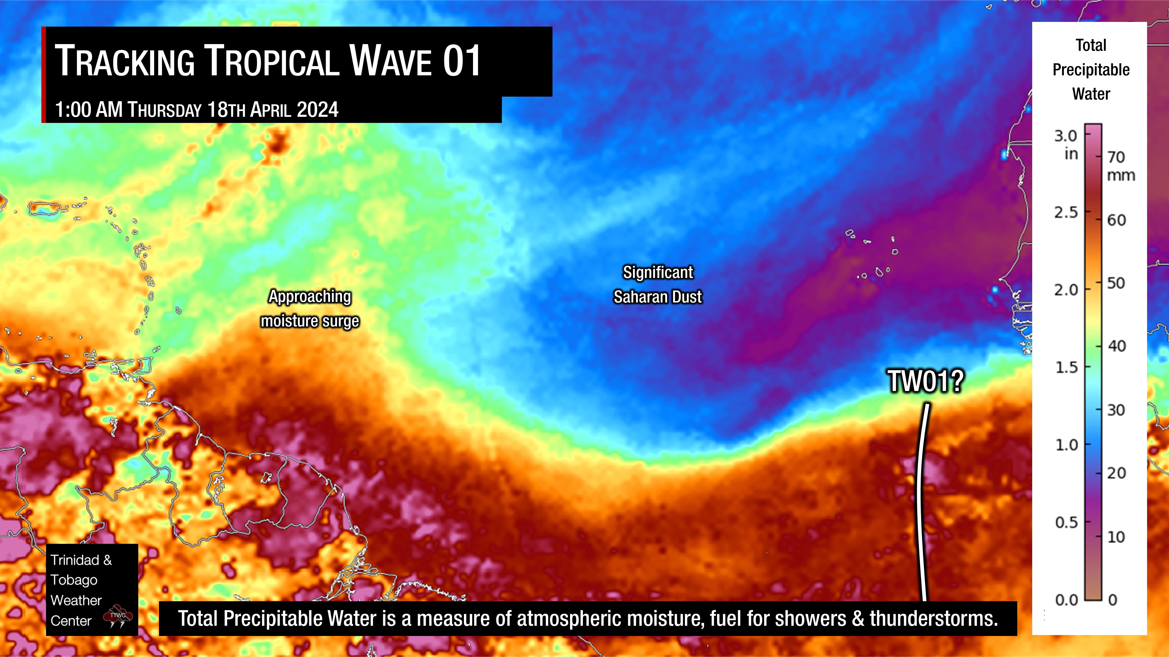 Total Precipitable Water Imagery as of 11:00 PM April 17th, 2024 (SSEC/MIMIC)