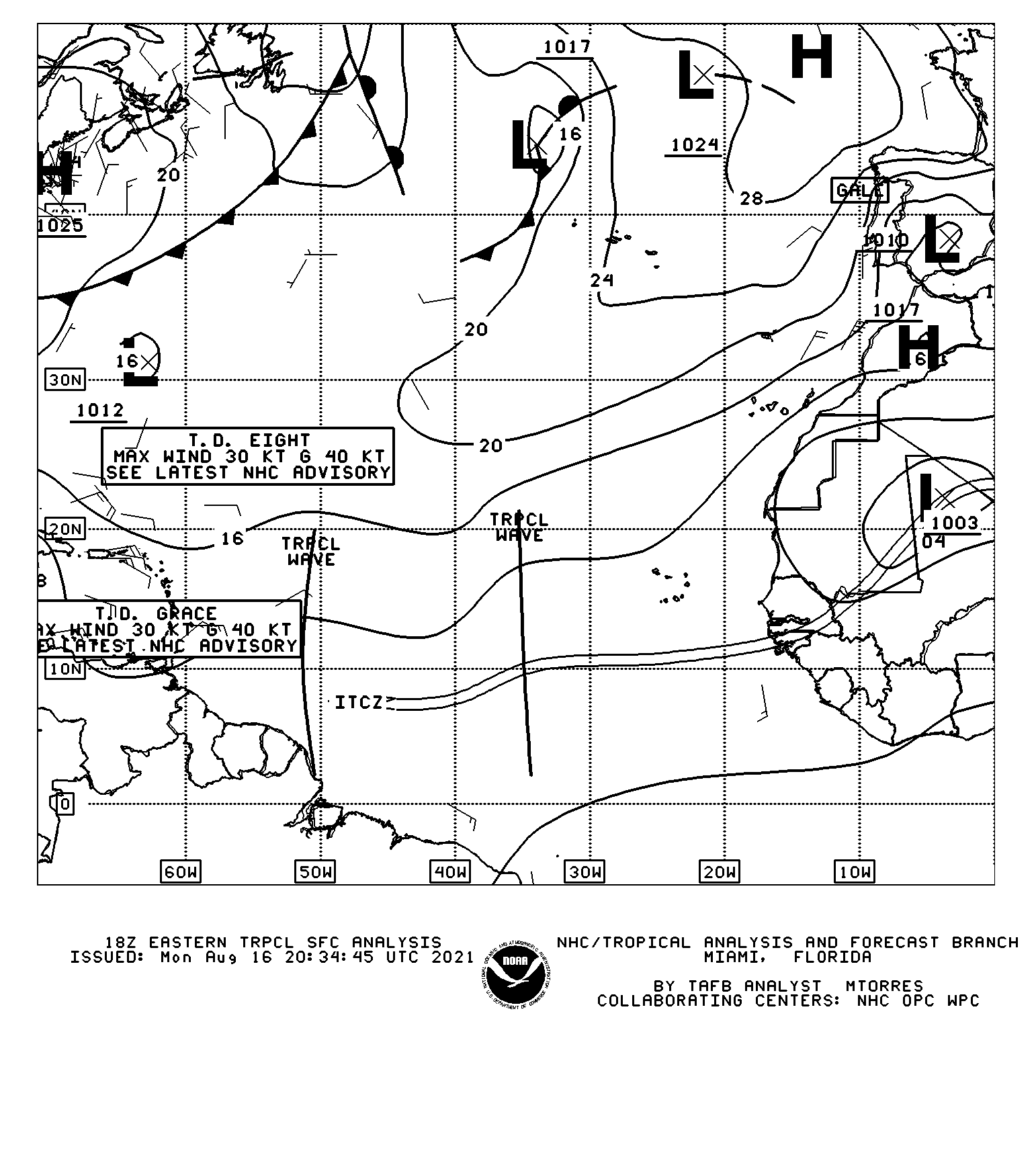 2:00 PM Monday, August 16th, 2021, Surface Analysis from the Tropical Prediction Center.