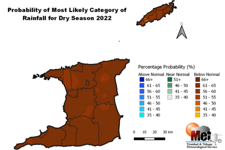 Category of rainfall likely for the 2022 Dry Season with the highest chance of occurrence expressed as probabilities and color-coded on the map. Blues indicate that it is more likely for above-normal rainfall to occur than for below-normal or near-normal. Browns indicate it is more likely for below-normal rainfall, while greens indicate it is more likely for near-normal rainfall. Normal is defined by the rainfall that was observed in the middle one-third of the Dry Seasons over the 1991-2020 period used as the climate normal. (Trinidad and Tobago Meteorological Service)