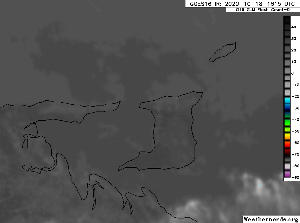 The rapid development and dissipation of thunderstorms on the afternoon of Sunday, October 18th, 2020. White dots indicate lightning strikes, which lined up in areas that had the strongest updraft, as seen across North-Central Trinidad, where the 2020 D'Abadie Tornado occurred. (Weathernerds.org)