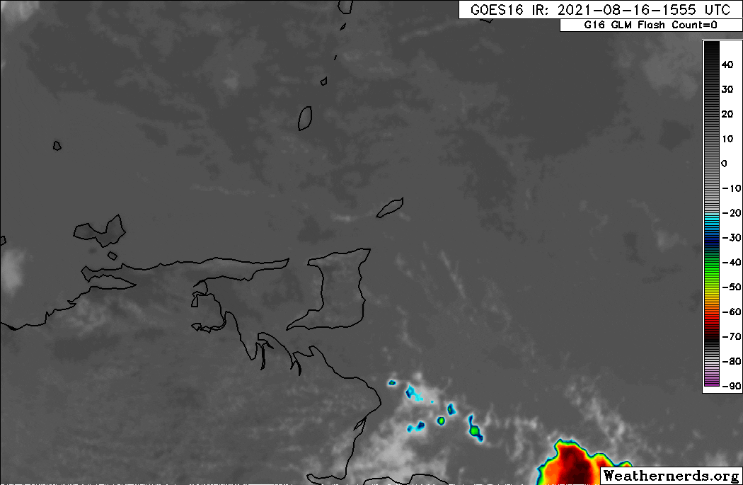 The rapid development and dissipation of the isolated thunderstorm on the afternoon of Monday, August 16th, 2021. White dots indicate lightning strikes, which lined up in areas that had the strongest updraft, as seen across the Los Iros area, where a tornado occurred. (Weathernerds.org)