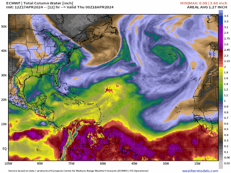 Modeled Total Precipitable Water (Atmospheric Moisture) from the ECMWF as of 12Z April 17th, 2024 (Weathermodels.com)