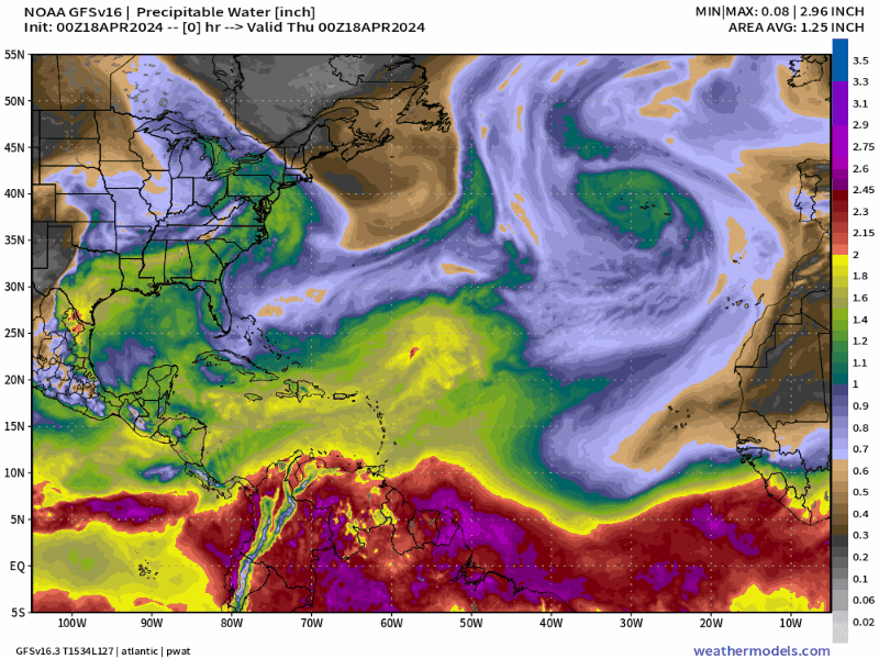 Modeled Total Precipitable Water (Atmospheric Moisture) from the GFS as of 00Z April 18th, 2024 (Weathermodels.com)