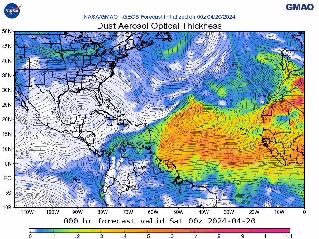 00Z Saturday, April 20th, 2024, NASA GEOS-5 Dust Extinction Monitoring Tropical Atlantic Dust Aerosol Optical Depth showing Saharan Dust.