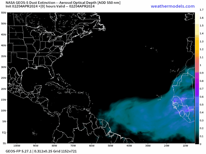 00Z Thursday, April 4th, 2024, NASA GEOS-5 Dust Extinction Monitoring Tropical Atlantic Dust Aerosol Optical Depth showing Saharan Dust.