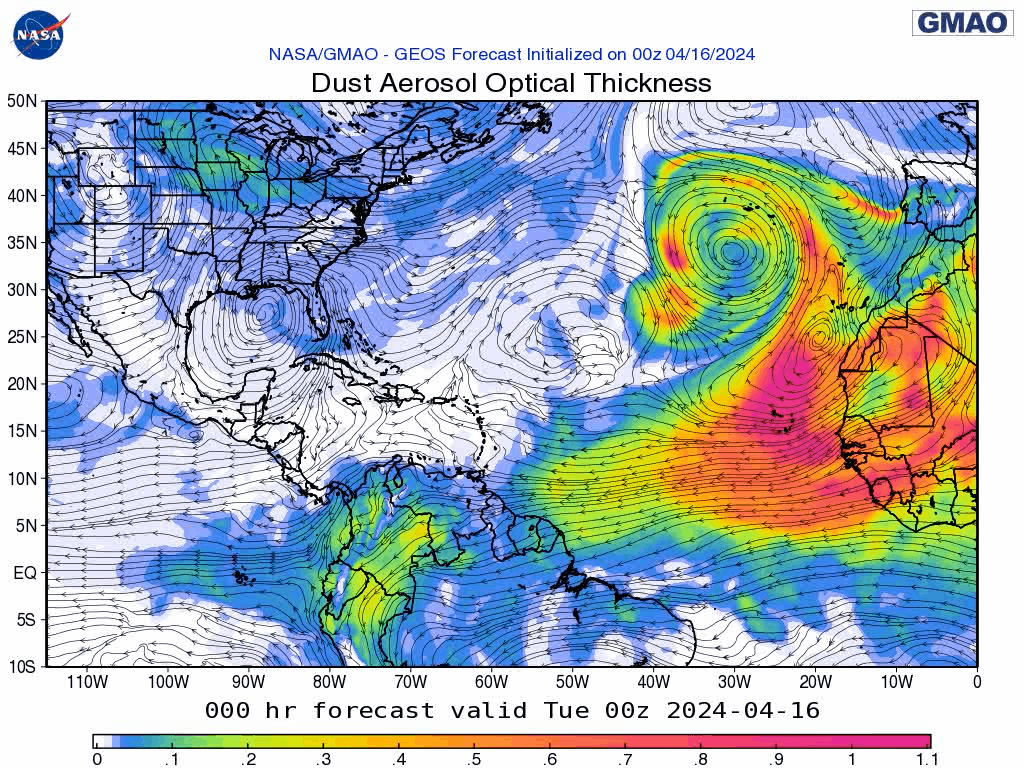 00Z Tuesday, April 16th, 2024, NASA GEOS-5 Dust Extinction Monitoring Tropical Atlantic Dust Aerosol Optical Depth showing Saharan Dust.