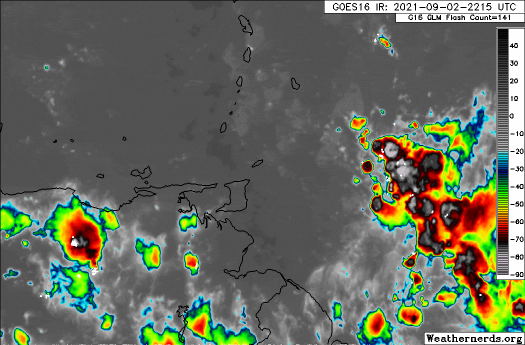 Satellite loop between 10:15 PM Thursday 2nd September 2021 and 4:45 AM Friday 3rd September 2021 showing the dissipating cluster of thunderstorms approaching T&T. (Weathernerds.org)