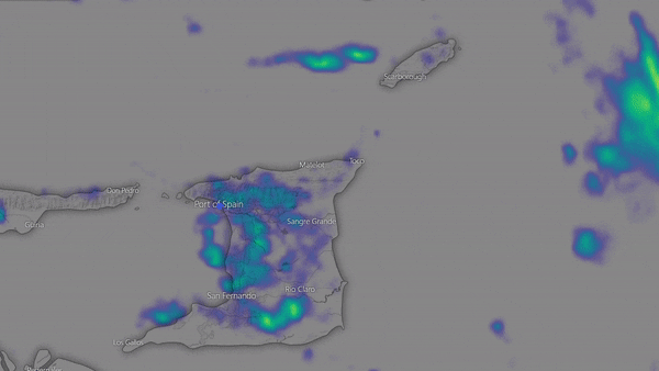 12:00 PM to 2:00 PM Tuesday, October 22nd, 2019: Radar Imagery shows the thunderstorm that produced the 2019 Port of Spain Tornado between 12:35 PM and 12:50 PM.