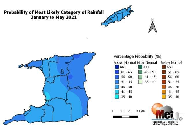 Category of rainfall most likely for 2021 Dry Season (JFMAM) with the highest chance of occurrence expressed as probabilities and color-coded on the map. Blues indicate that it is more likely for above-normal rainfall to occur than for below-normal or near-normal. Browns indicate it is more likely for below-normal rainfall, while greens indicate it is more likely for near-normal rainfall. Normal is defined by the rainfall observed in the middle one-third of the JFMAM period rainfall totals during the historical period used to produce the outlook. (Trinidad and Tobago Meteorological Service)
