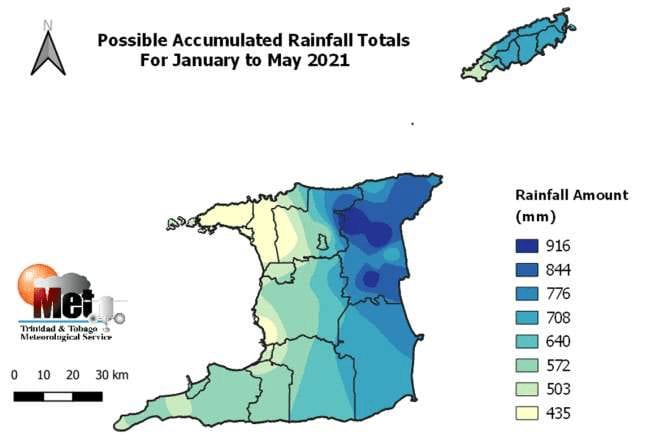 Possible accumulated rainfall totals with the highest chance of occurring during Dry Season (January to May) 2021. (Trinidad and Tobago Meteorological Service)