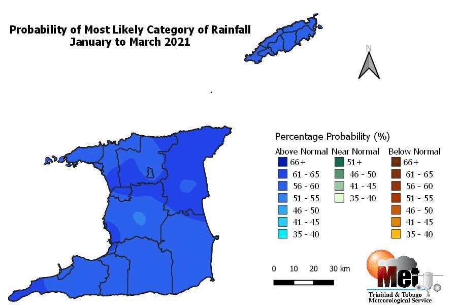 Category of rainfall most likely for January to March (JFM) 2021 with the highest chance of occurrence expressed as probabilities and color-coded on the map. Blues indicate that it is more likely for above-normal rainfall to occur than for below-normal or near-normal. Browns indicate it is more likely for below-normal rainfall, while greens indicate it is more likely for near-normal rainfall. Normal is defined by the rainfall observed in the middle one-third of the JFM period rainfall totals during the historical period used to produce the outlook. (Trinidad and Tobago Meteorological Service)