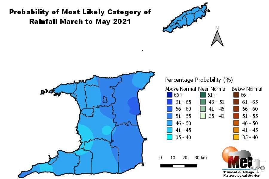 Category of rainfall most likely for March to May 2021 (MAM) with the highest chance of occurrence expressed as probabilities and color-coded on the map. Blues indicate that it is more likely for above-normal rainfall to occur than for below-normal or near-normal. Browns indicate it is more likely for below-normal rainfall, while greens indicate it is more likely for near-normal rainfall. Normal is defined by the rainfall observed in the middle one-third of the MAM period rainfall totals during the historical period used to produce the outlook. (Trinidad and Tobago Meteorological Service)